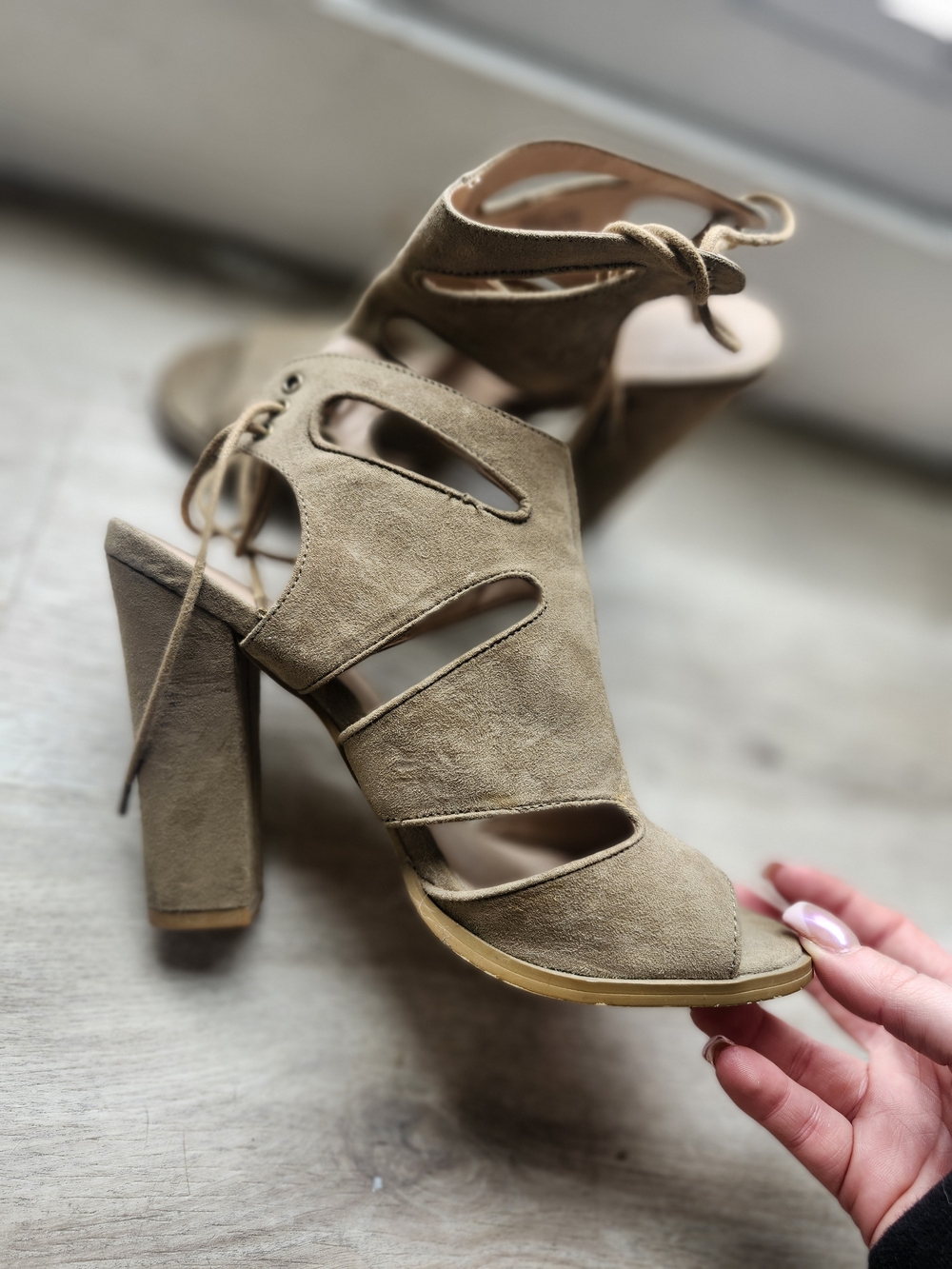 Suede Cutout Lace-Up High Heel Sandals - Taupe